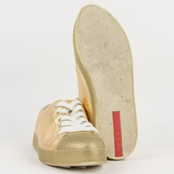 Prada Gold Leather Cap-Toe Sneakers - Picture 4 of 7